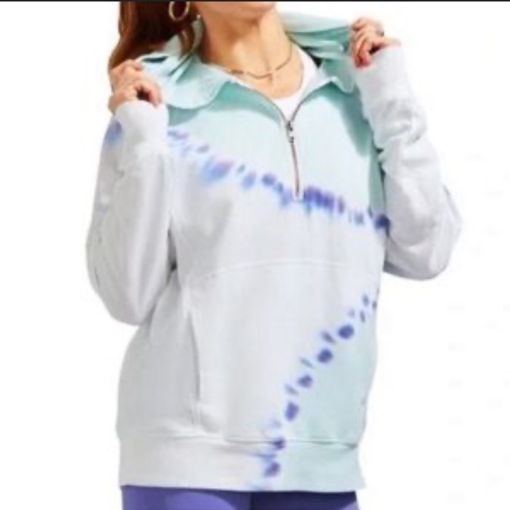 Peloton Women Quarter Zip Jacket Sweater Medium Hooded Tie Dye White Green Gym